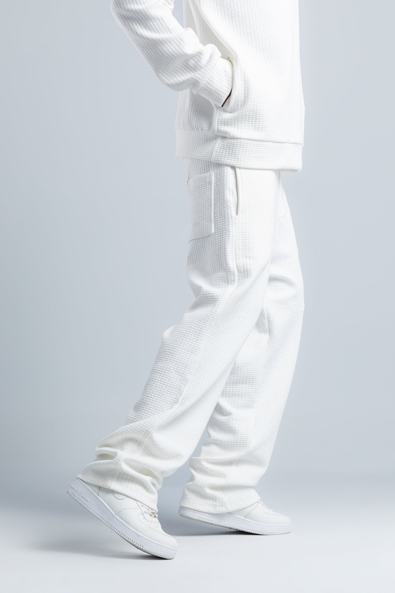 White Textured Melton Sweatpants with Drawstring