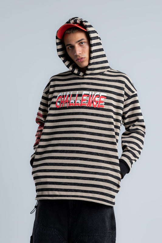 Beige Printed Striped Hoodie