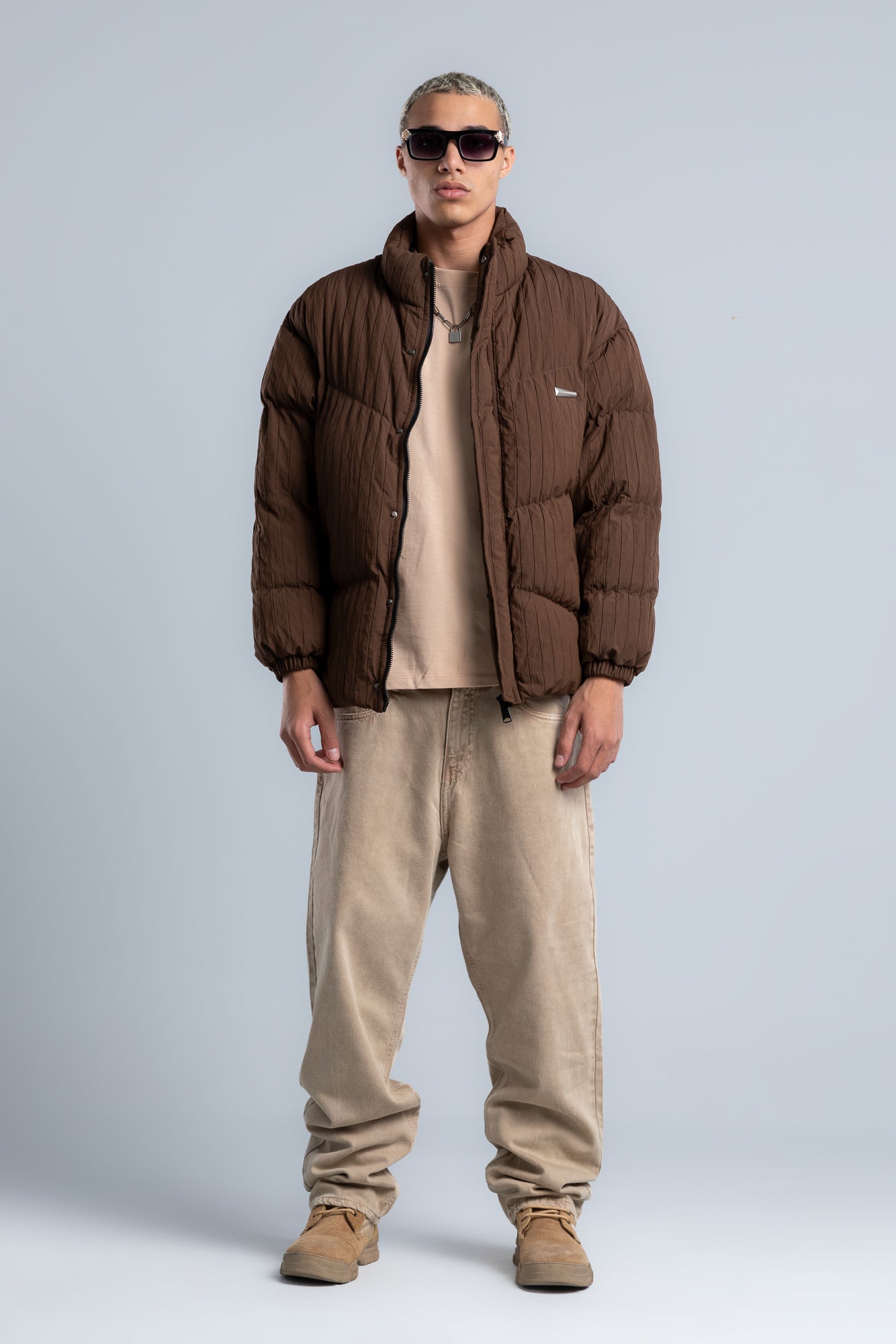 Brown High Neck Ribbed Puffer Jacket