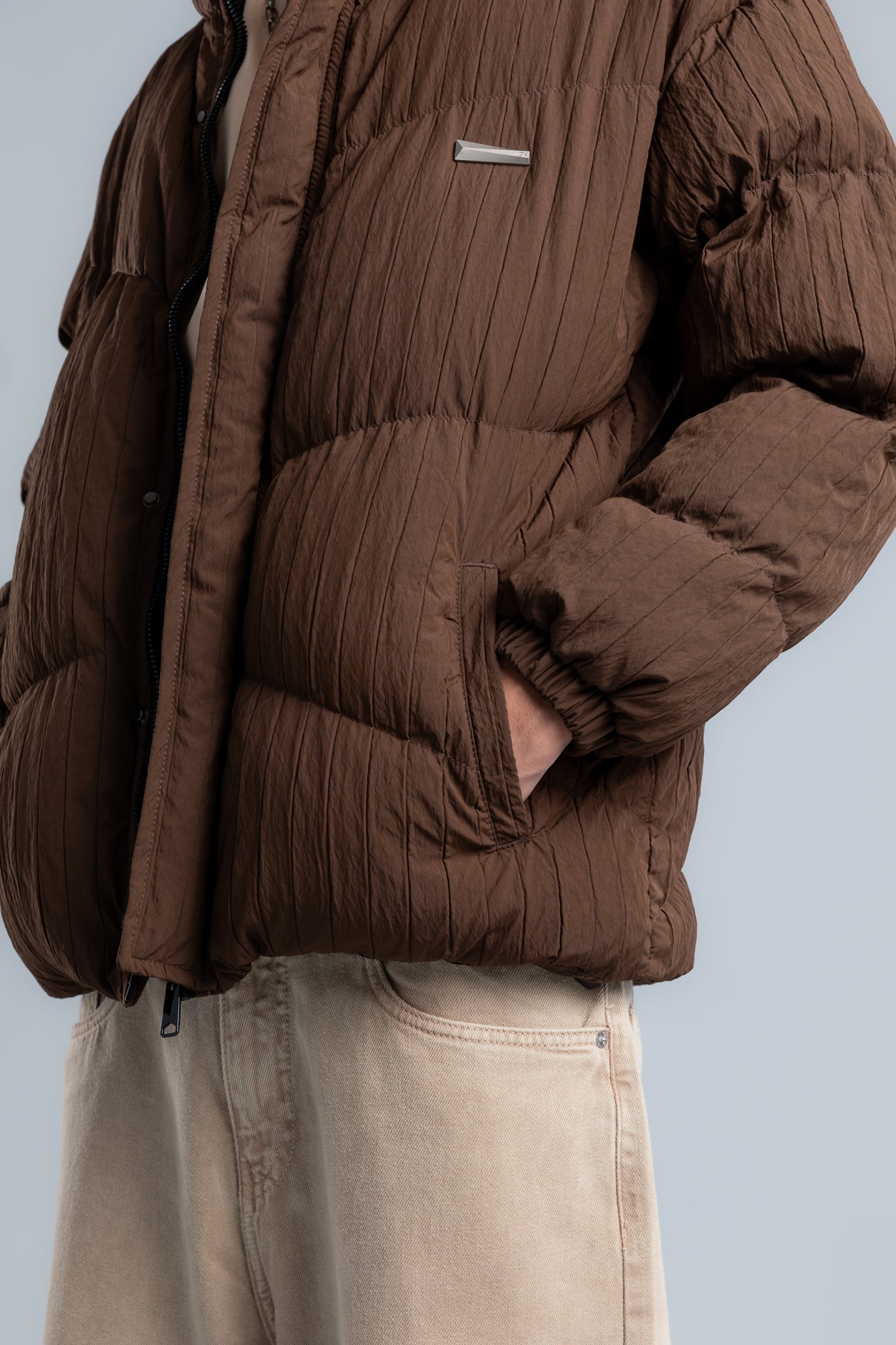 Brown High Neck Ribbed Puffer Jacket