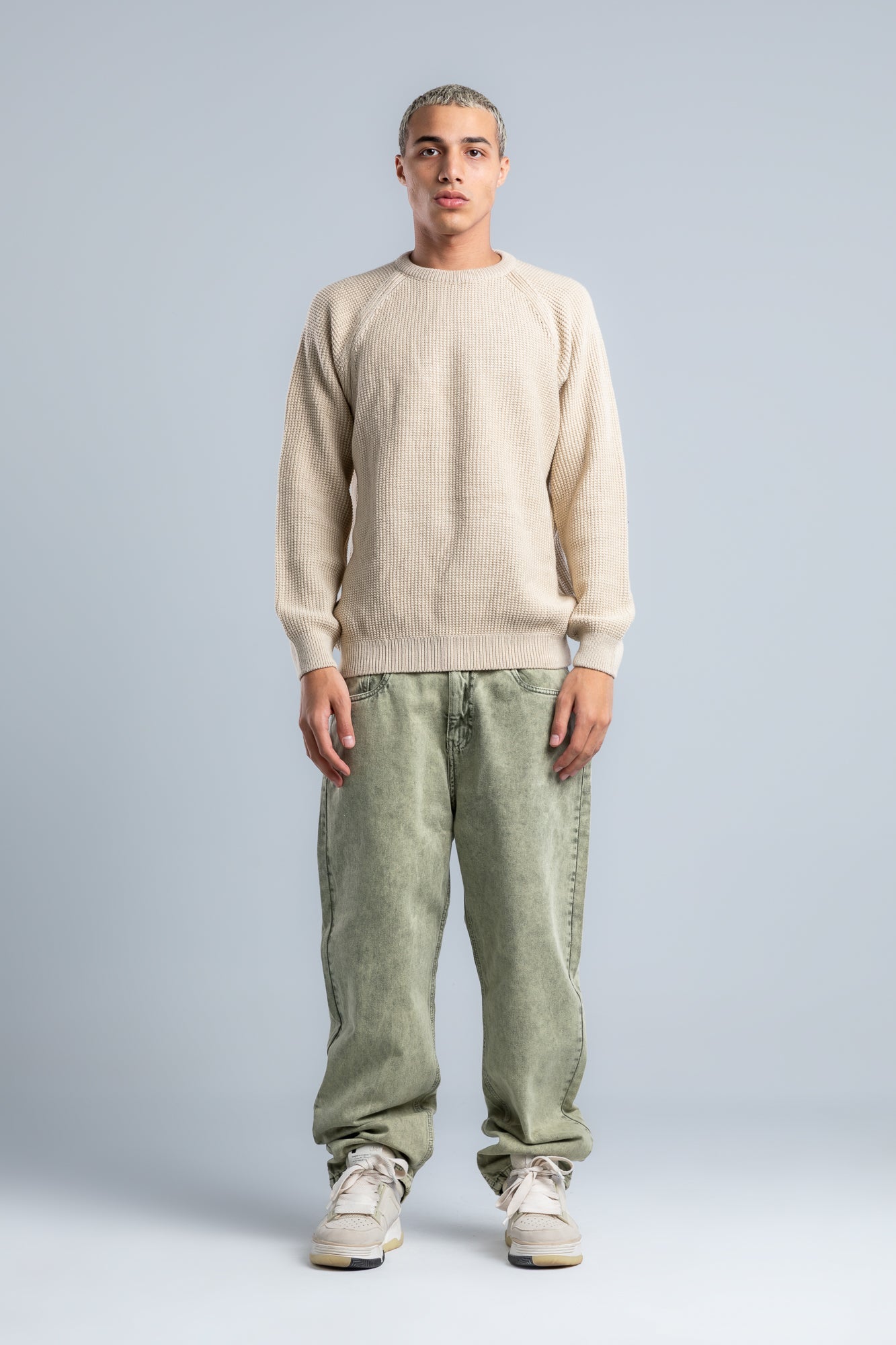 Beige Crew Neck Plain Wool Pullover