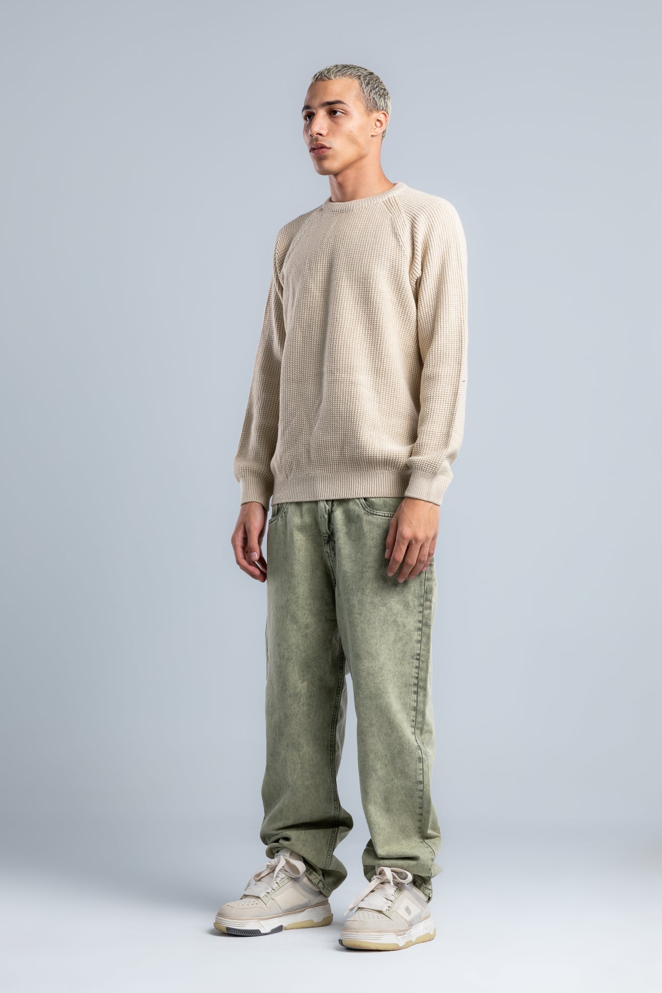 Beige Crew Neck Plain Wool Pullover