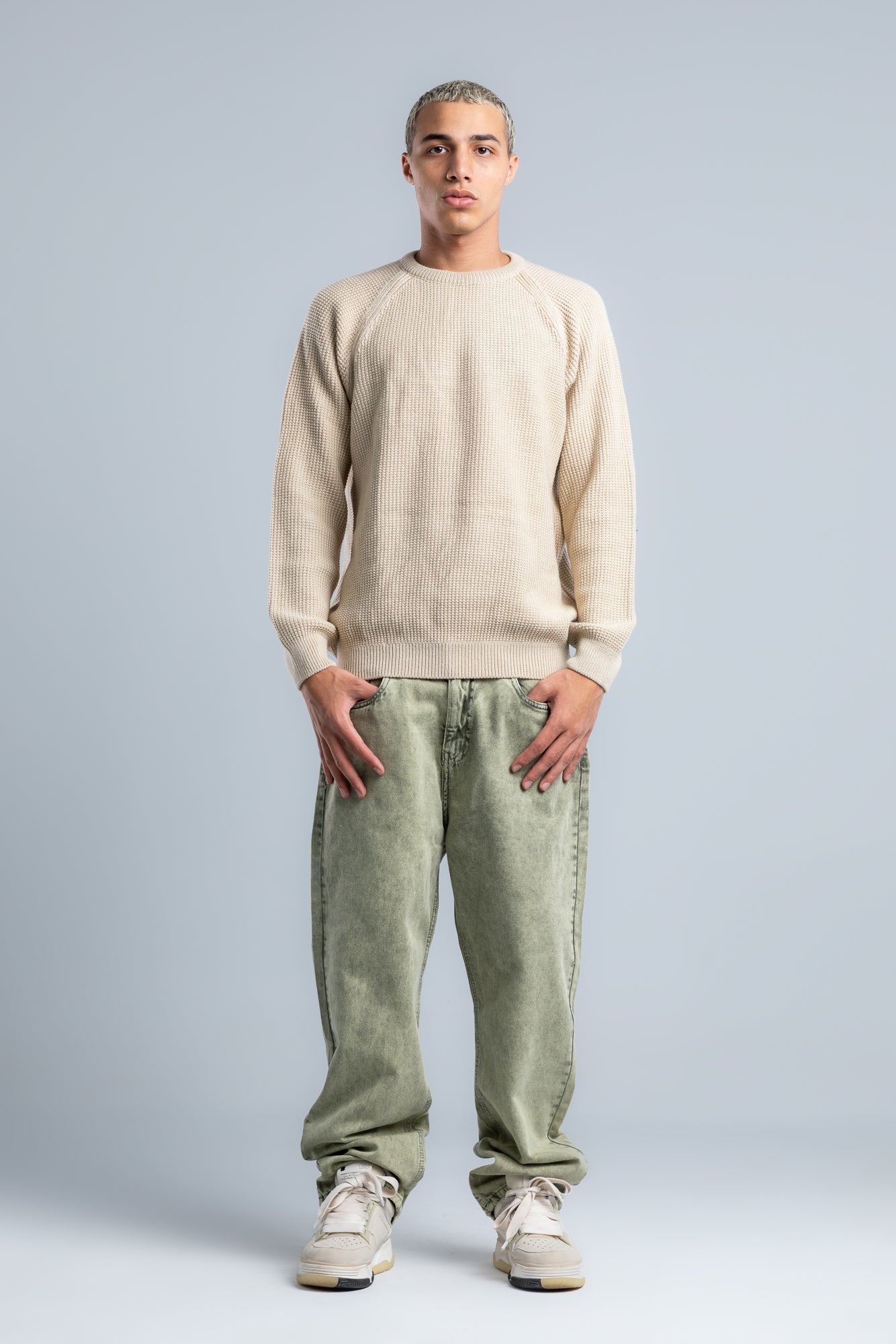 Beige Crew Neck Plain Wool Pullover