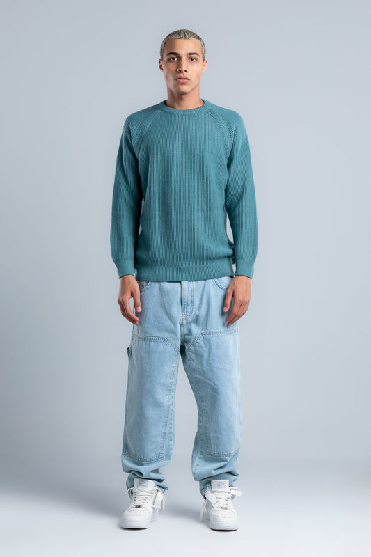 Turquoise Crew Neck Plain Wool Pullover