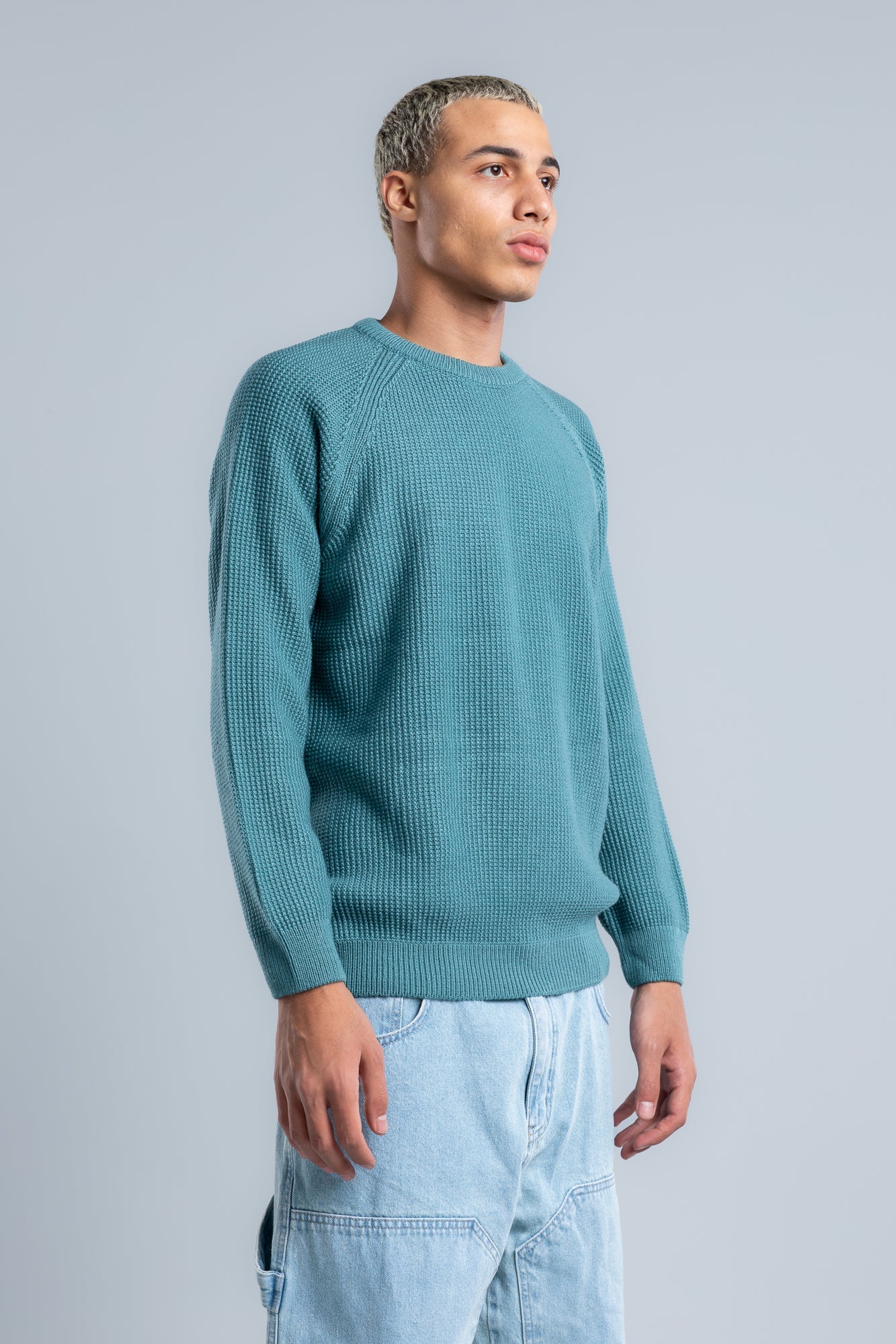 Turquoise Crew Neck Plain Wool Pullover