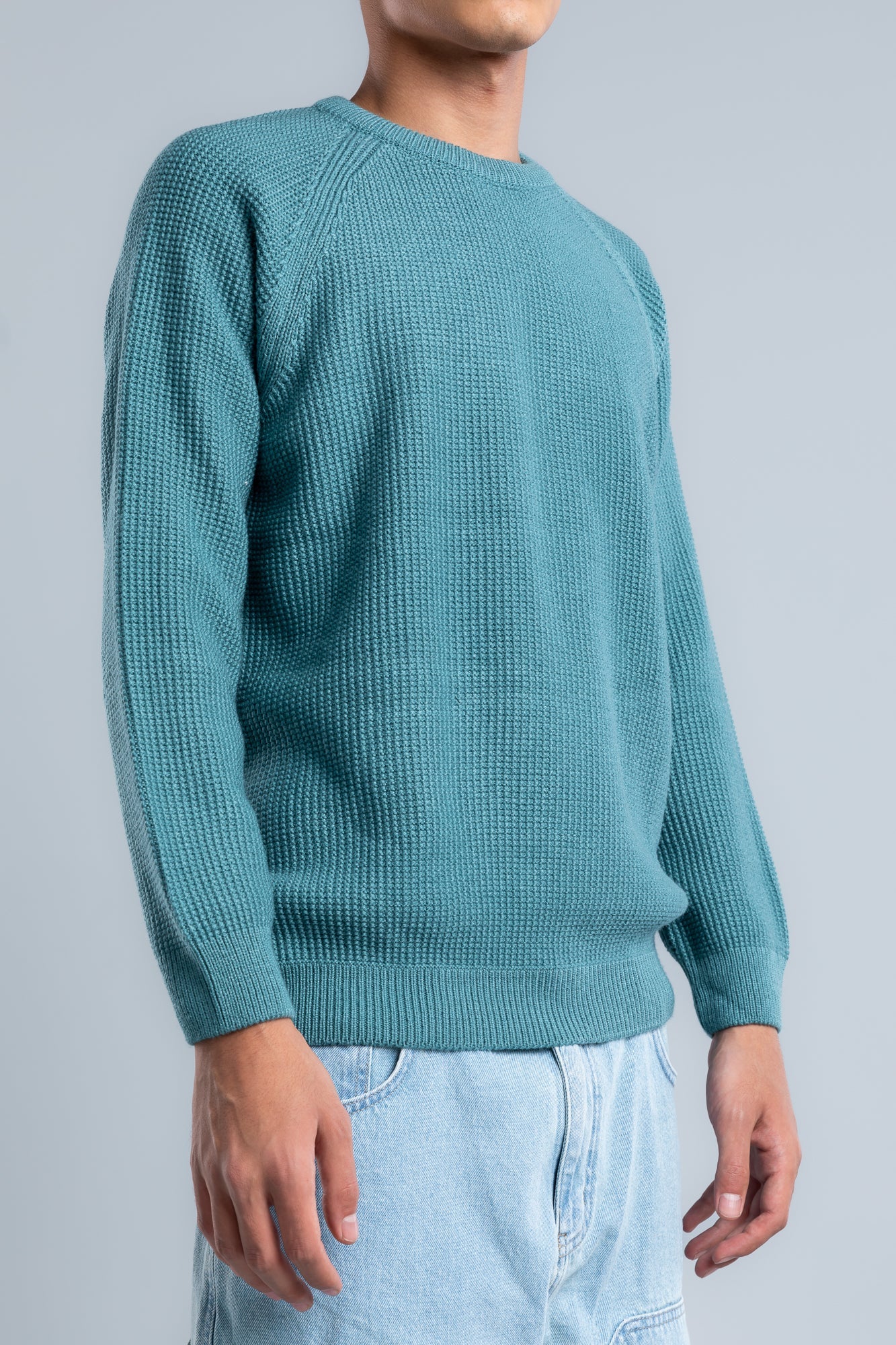 Turquoise Crew Neck Plain Wool Pullover