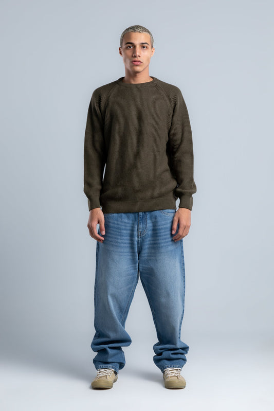 Olive Crew Neck Plain Wool Pullover