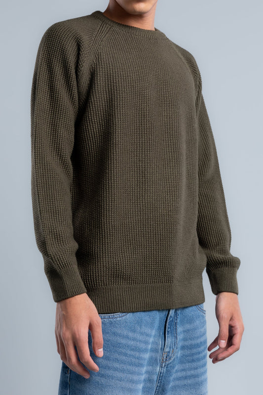 Olive Crew Neck Plain Wool Pullover