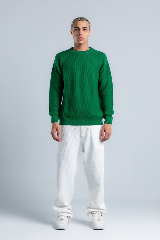 Green Crew Neck Plain Wool Pullover