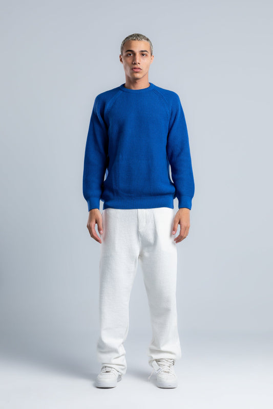 Blue Crew Neck Plain Wool Pullover