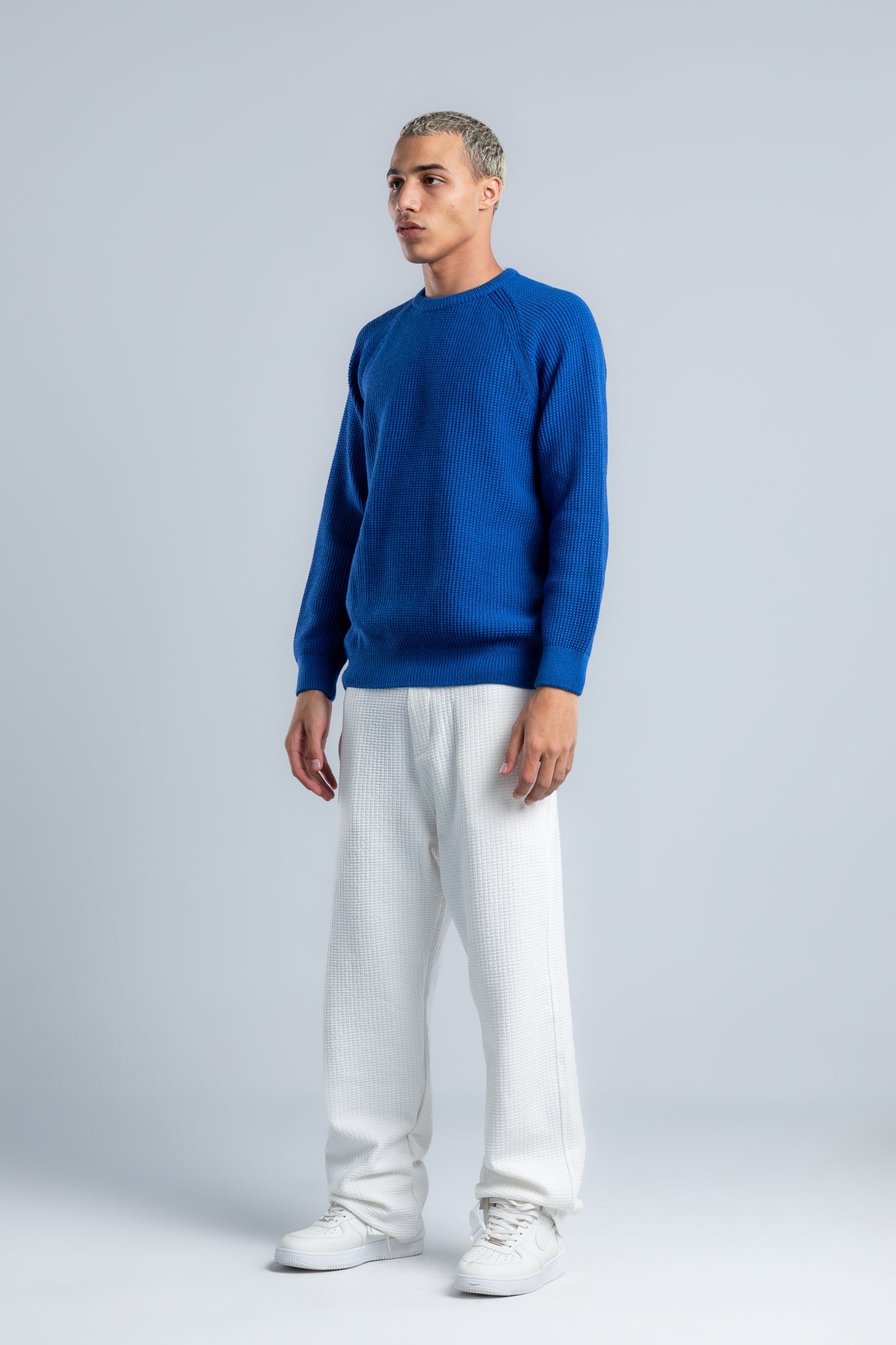 Blue Crew Neck Plain Wool Pullover