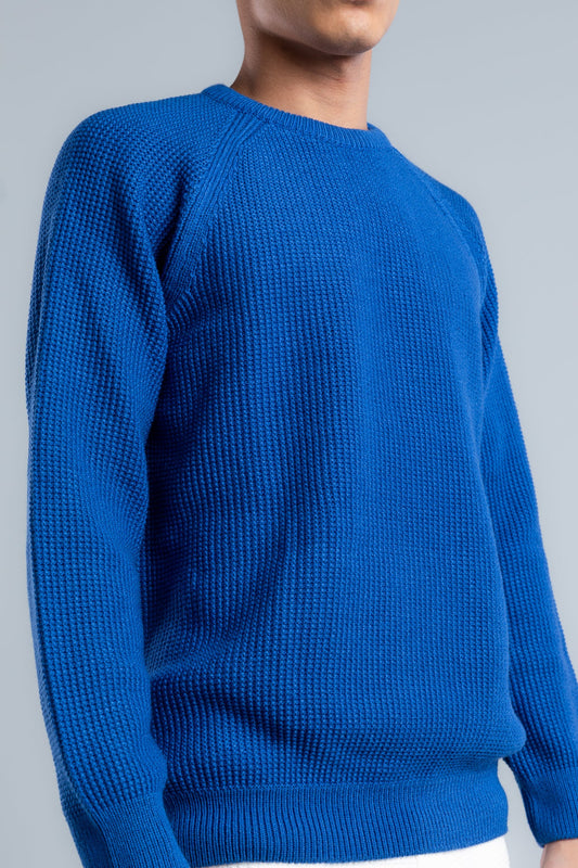 Blue Crew Neck Plain Wool Pullover