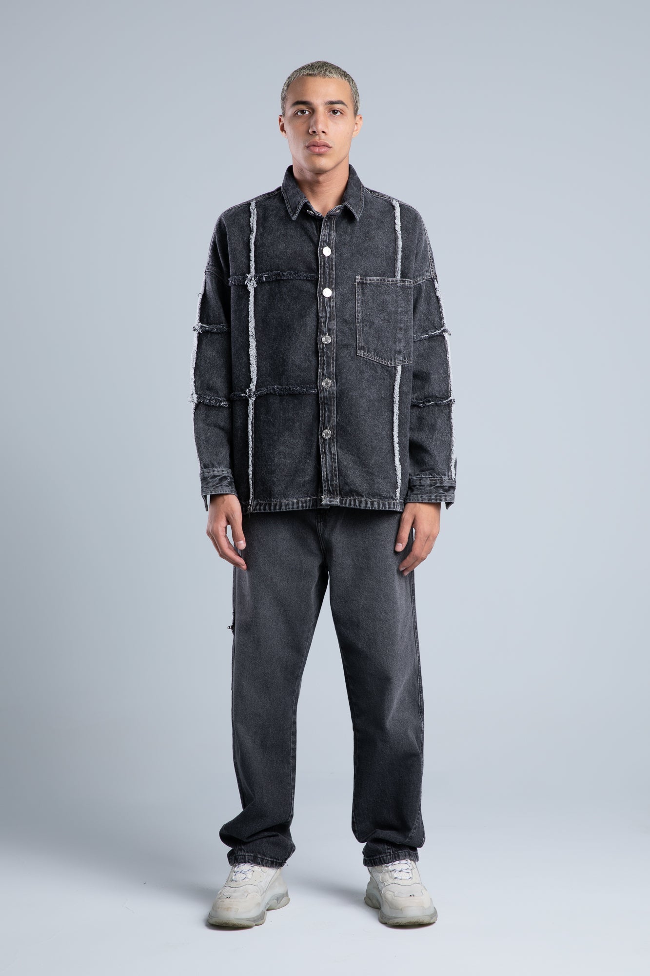 Gray Fringe Denim Shirt with Front Pocket