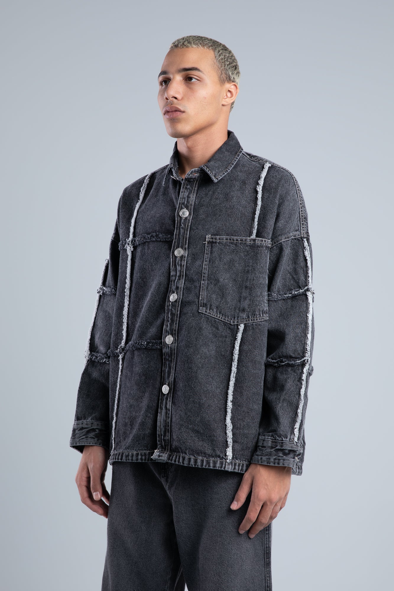 Gray Fringe Denim Shirt with Front Pocket