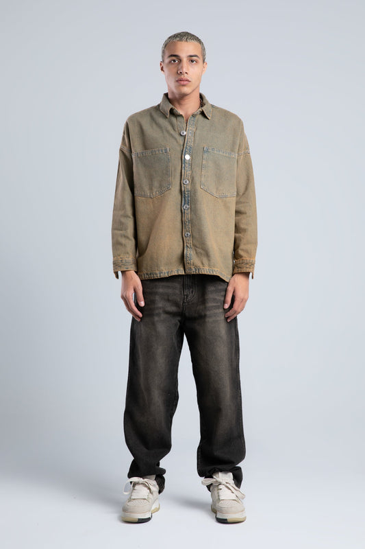 Beige*Olive Front Pockets Denim Shirt