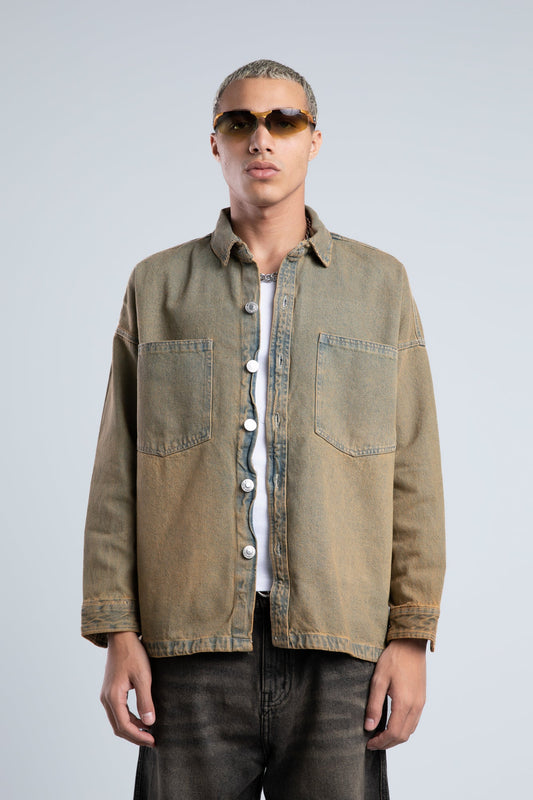 Beige*Olive Front Pockets Denim Shirt