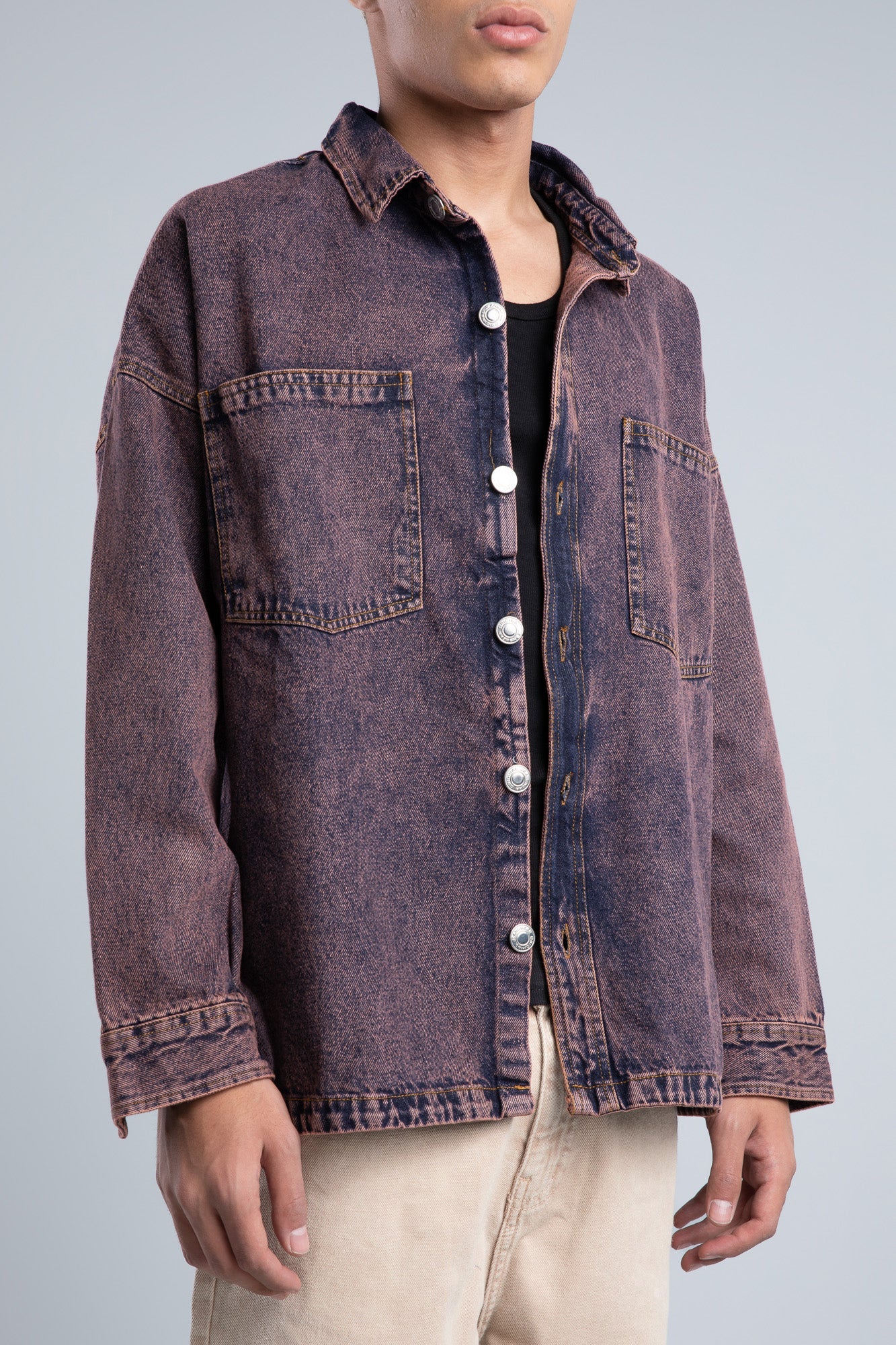 Dark Purple Front Pockets Denim Shirt