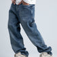 Blue Multi-Pockets Loose Fit Jeans