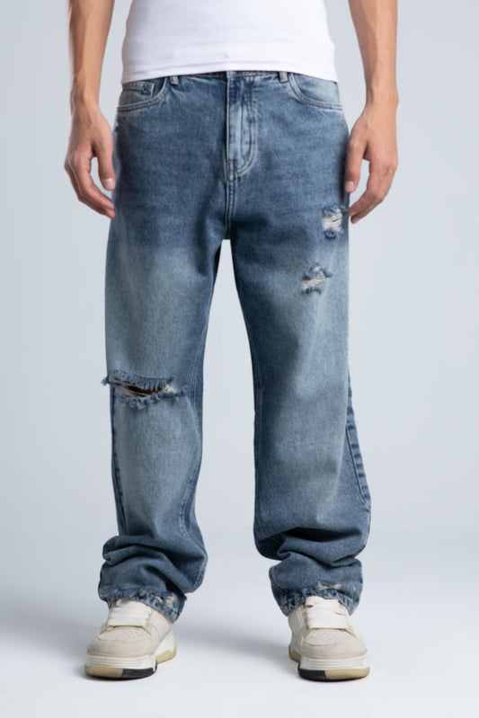 Blue Casual Ripped Knee Jeans