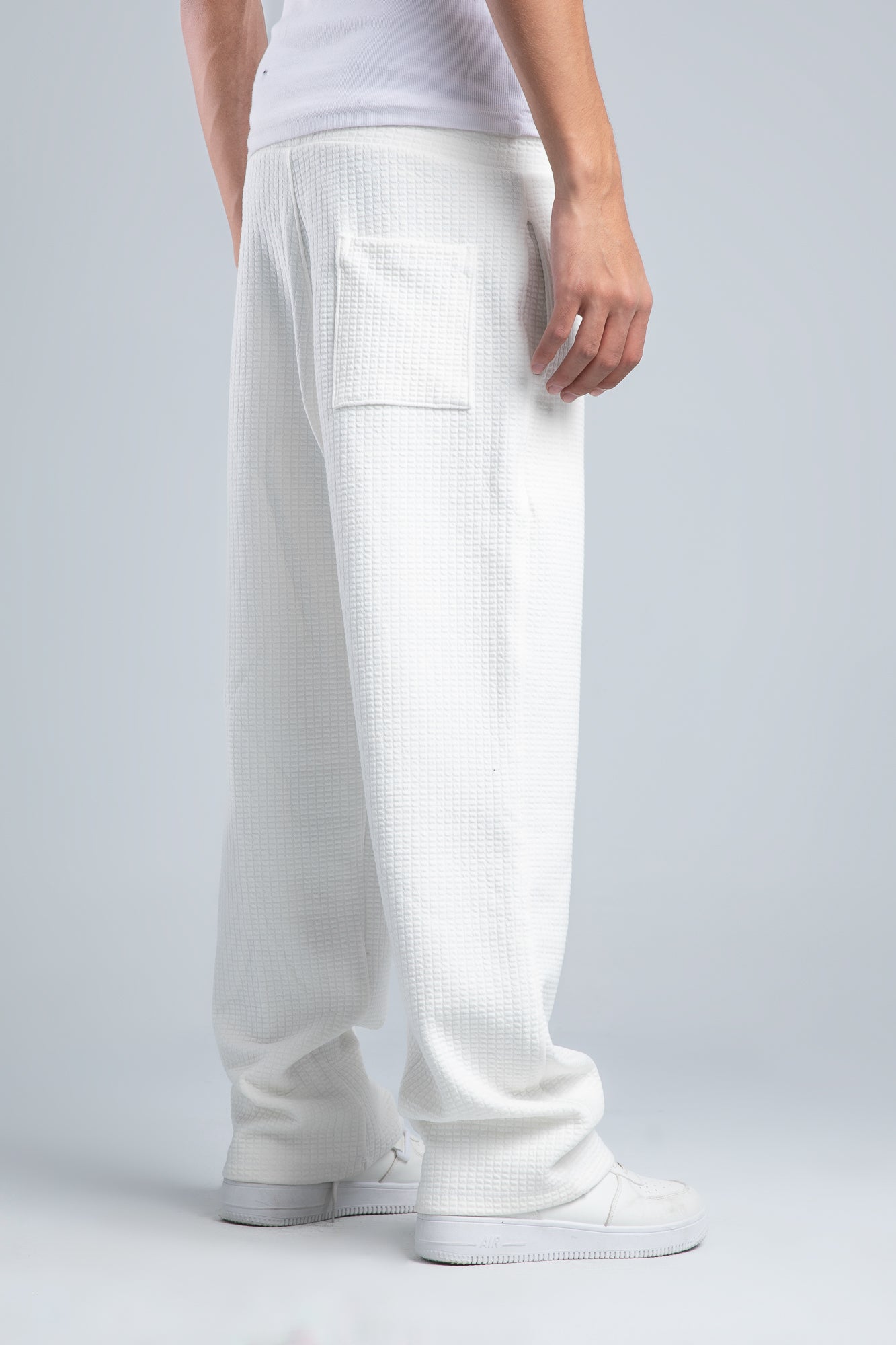 White Textured Melton Sweatpants with Drawstring