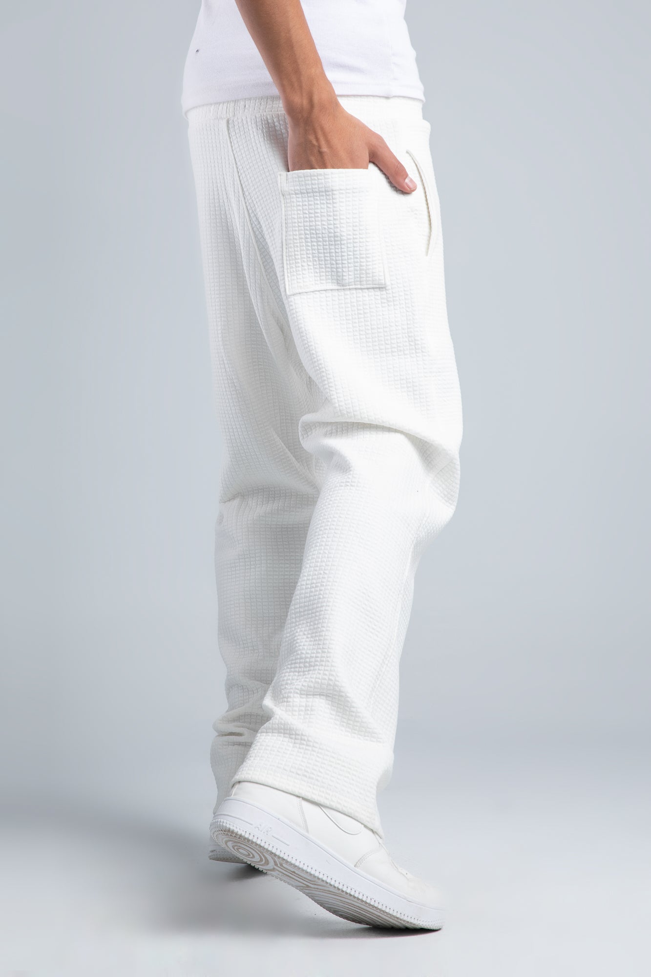 White Textured Melton Sweatpants with Drawstring