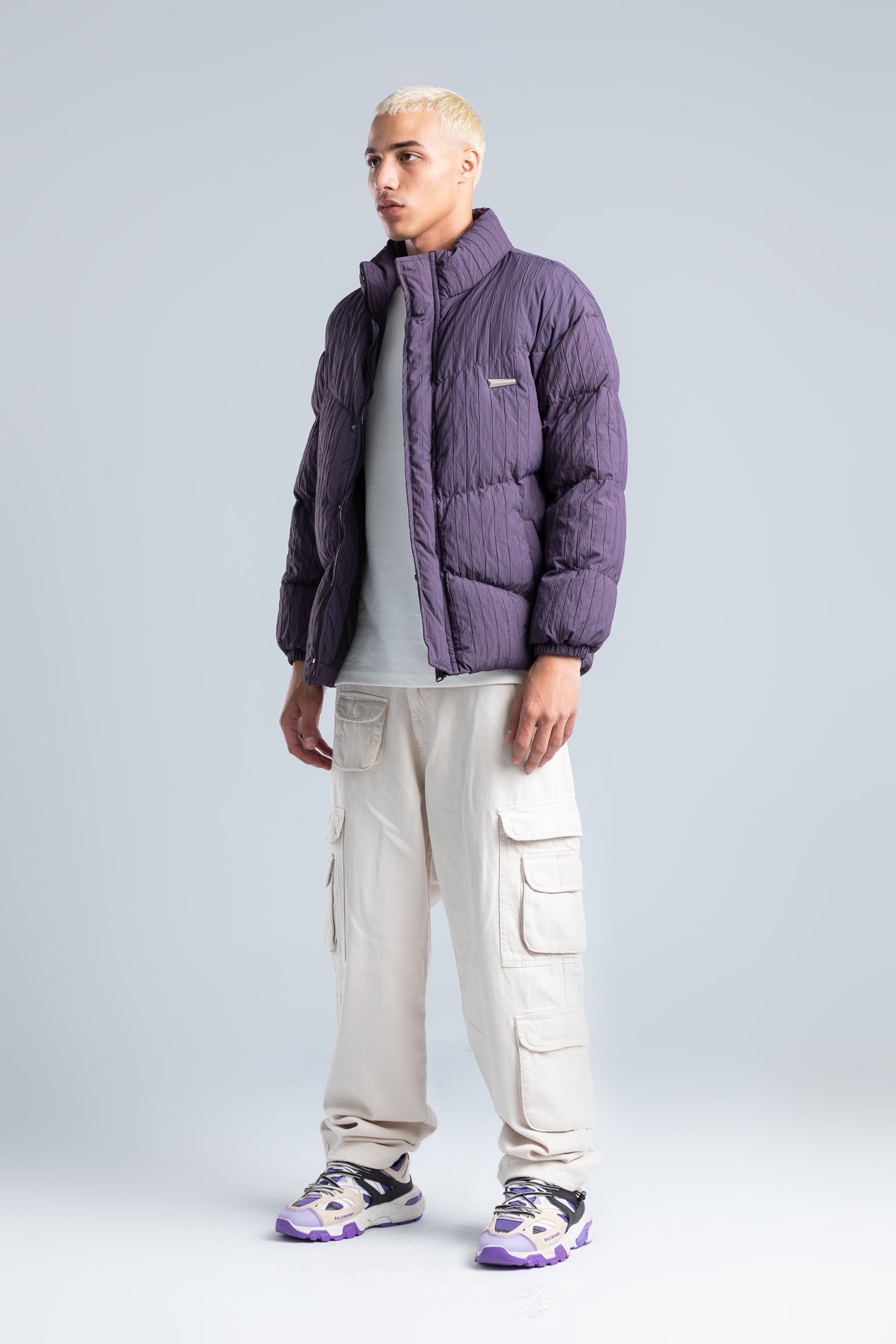 Dark Purple High Neck Ribbed Puffer Jacket