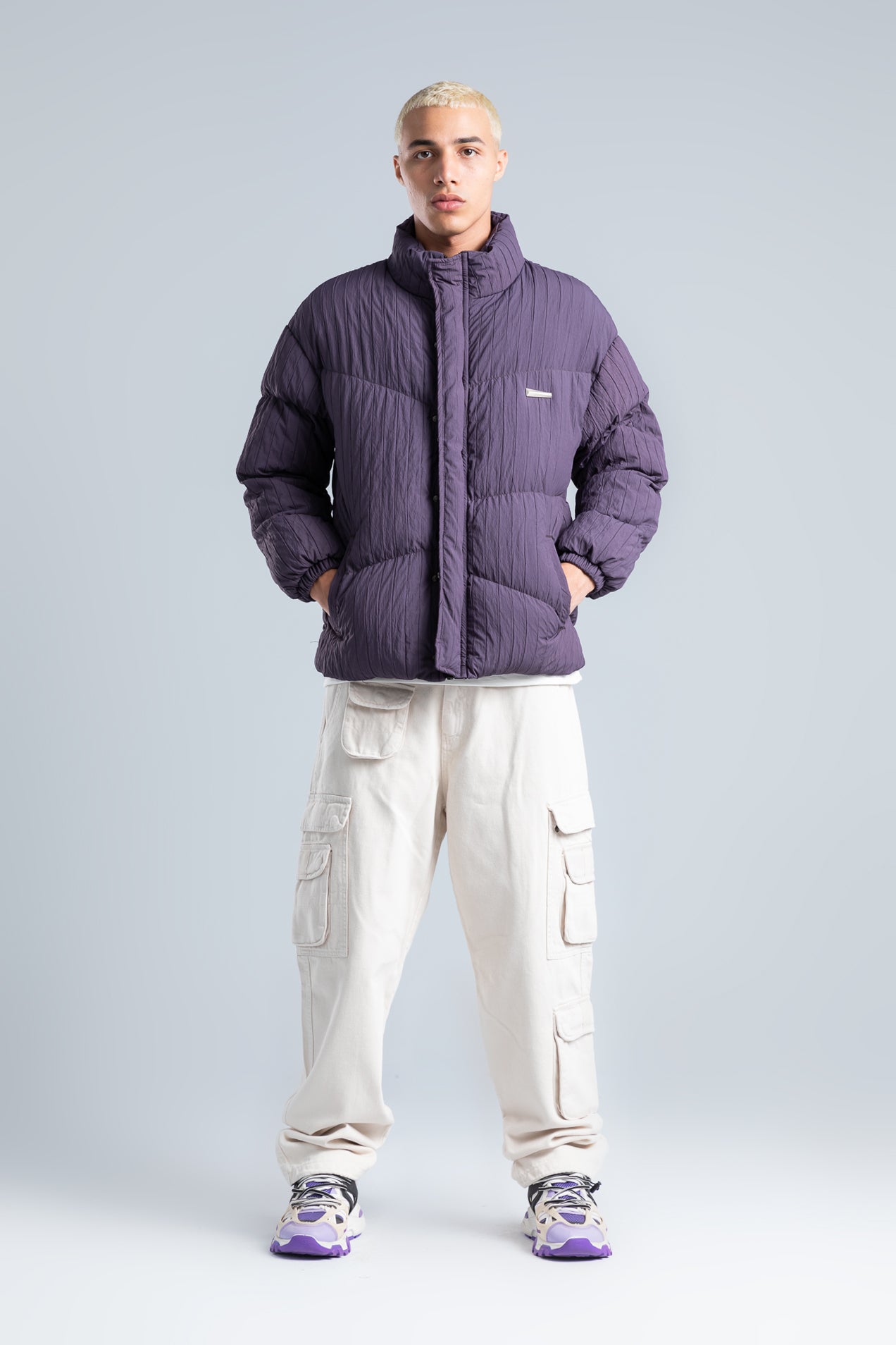 Dark Purple High Neck Ribbed Puffer Jacket