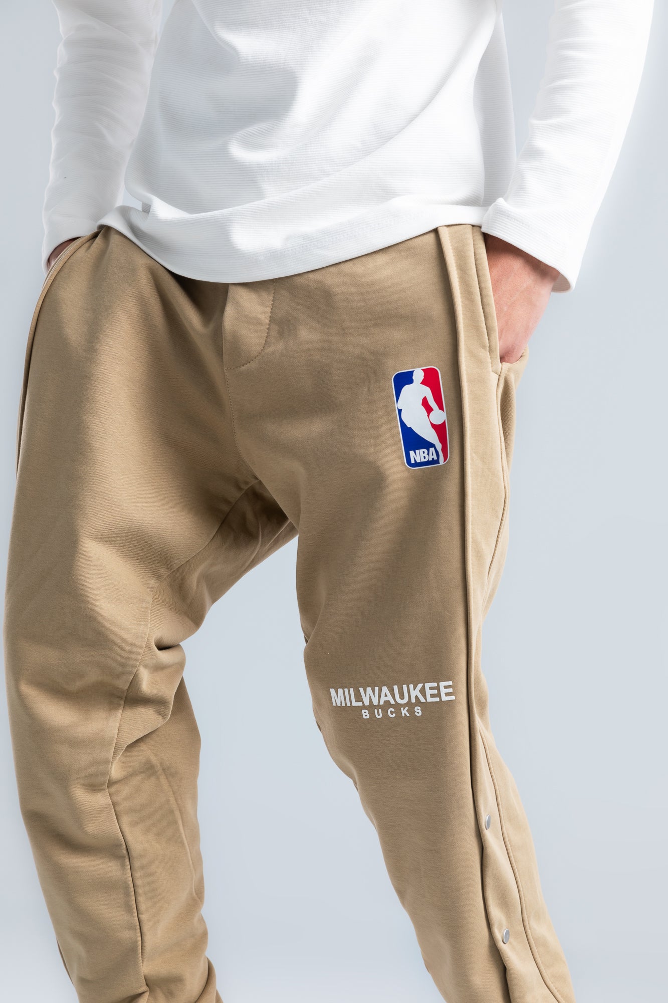 Beige Side Press Buttons Sweatpants