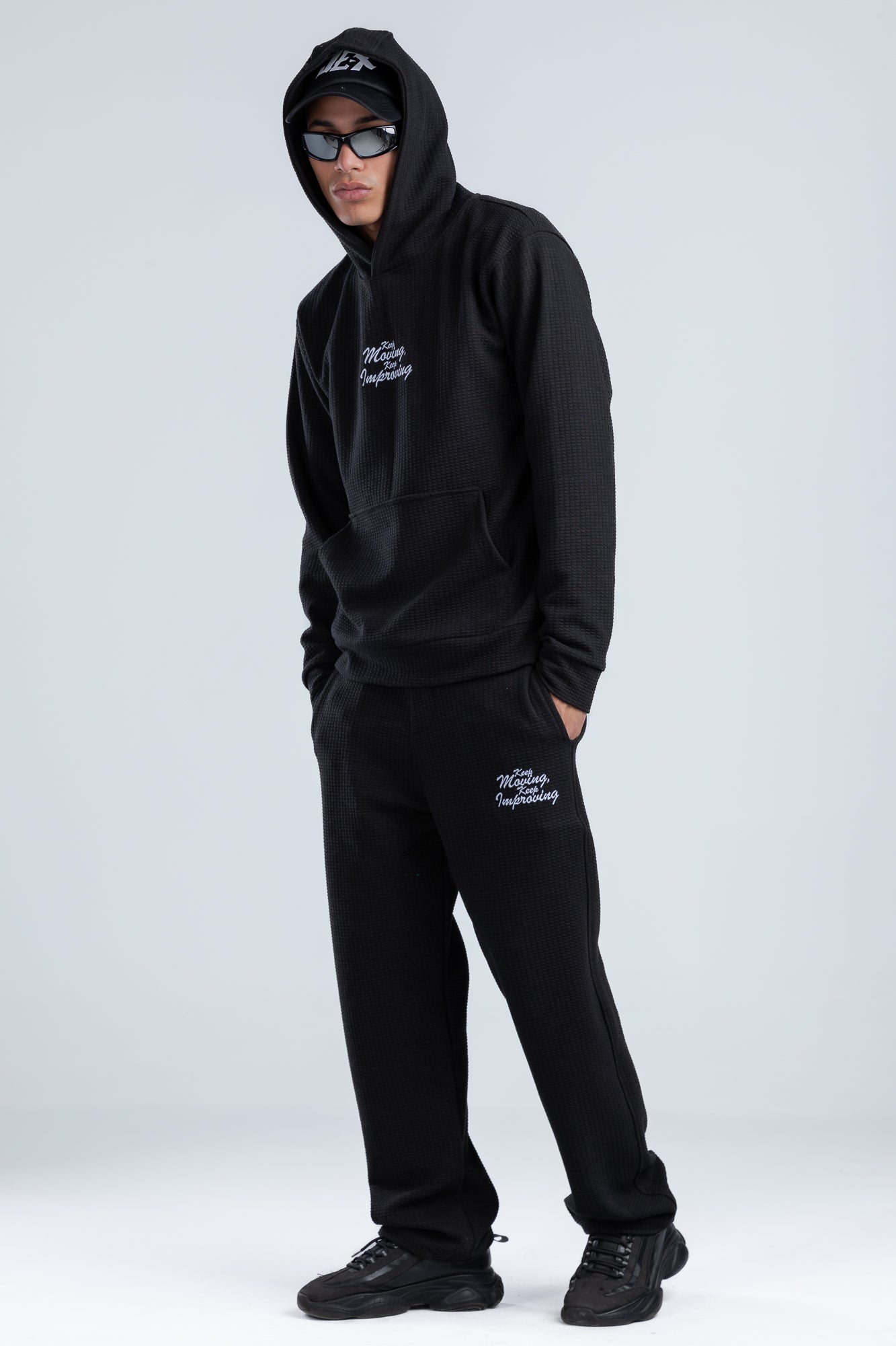 Black Textured Fabric Regular Fit Sweatpants