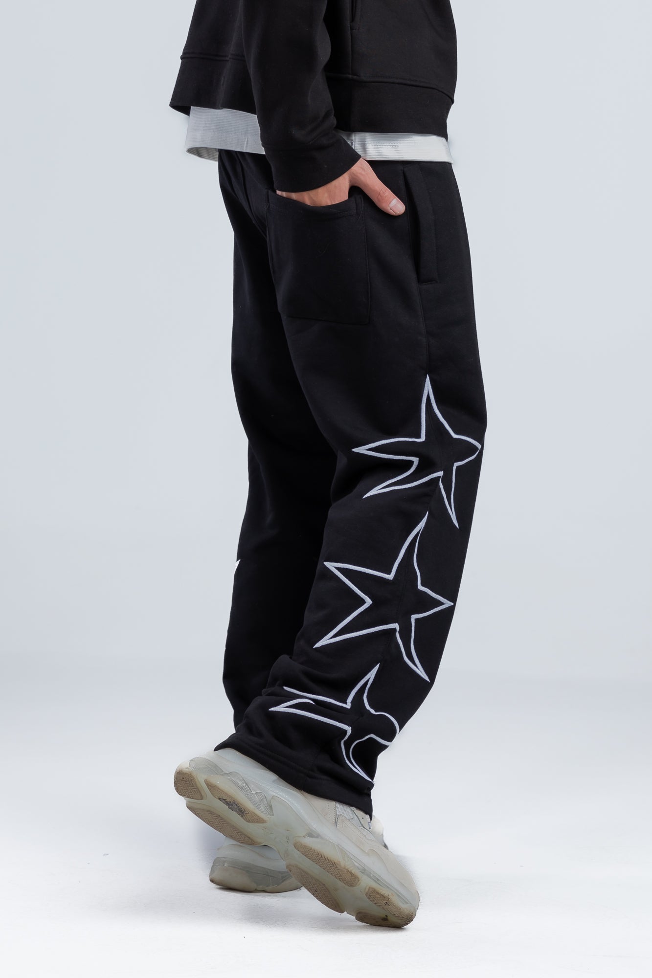 Black Side Stars Print Wide Leg Sweatpants