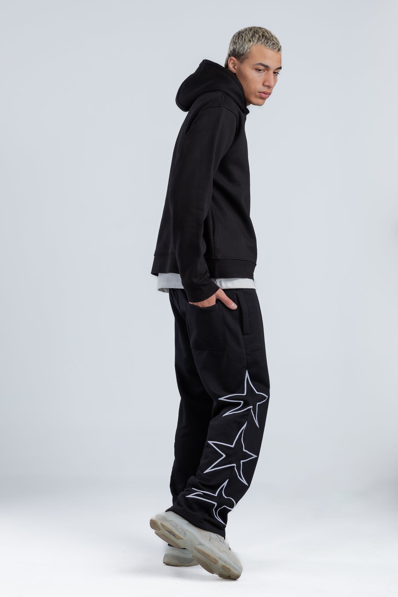 Black Side Stars Print Wide Leg Sweatpants