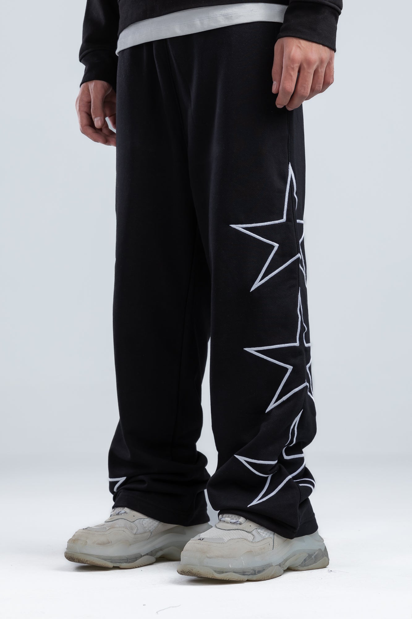 Black Side Stars Print Wide Leg Sweatpants