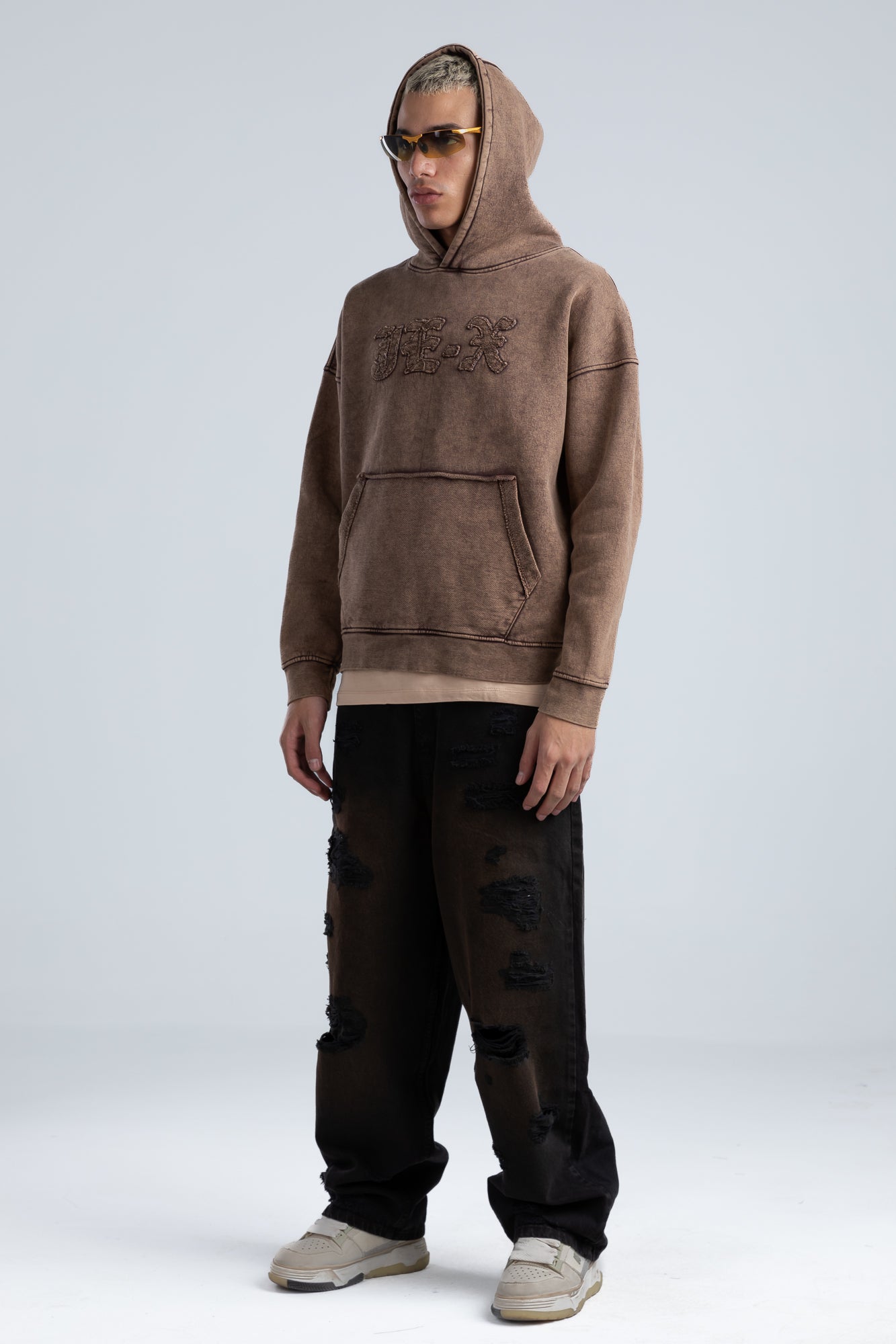 Brown Front Embroidery Oversized Hoodie