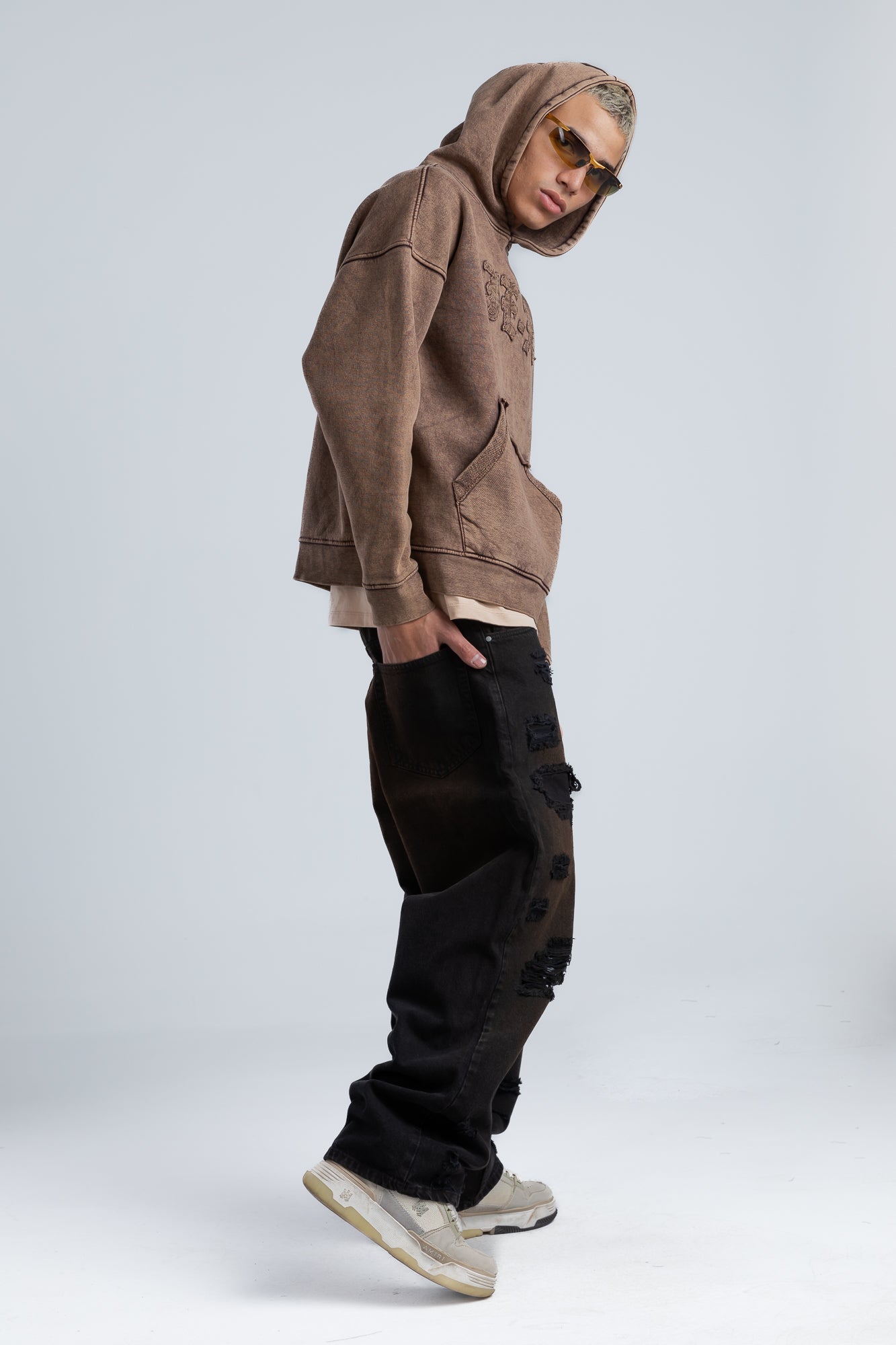 Brown Front Embroidery Oversized Hoodie