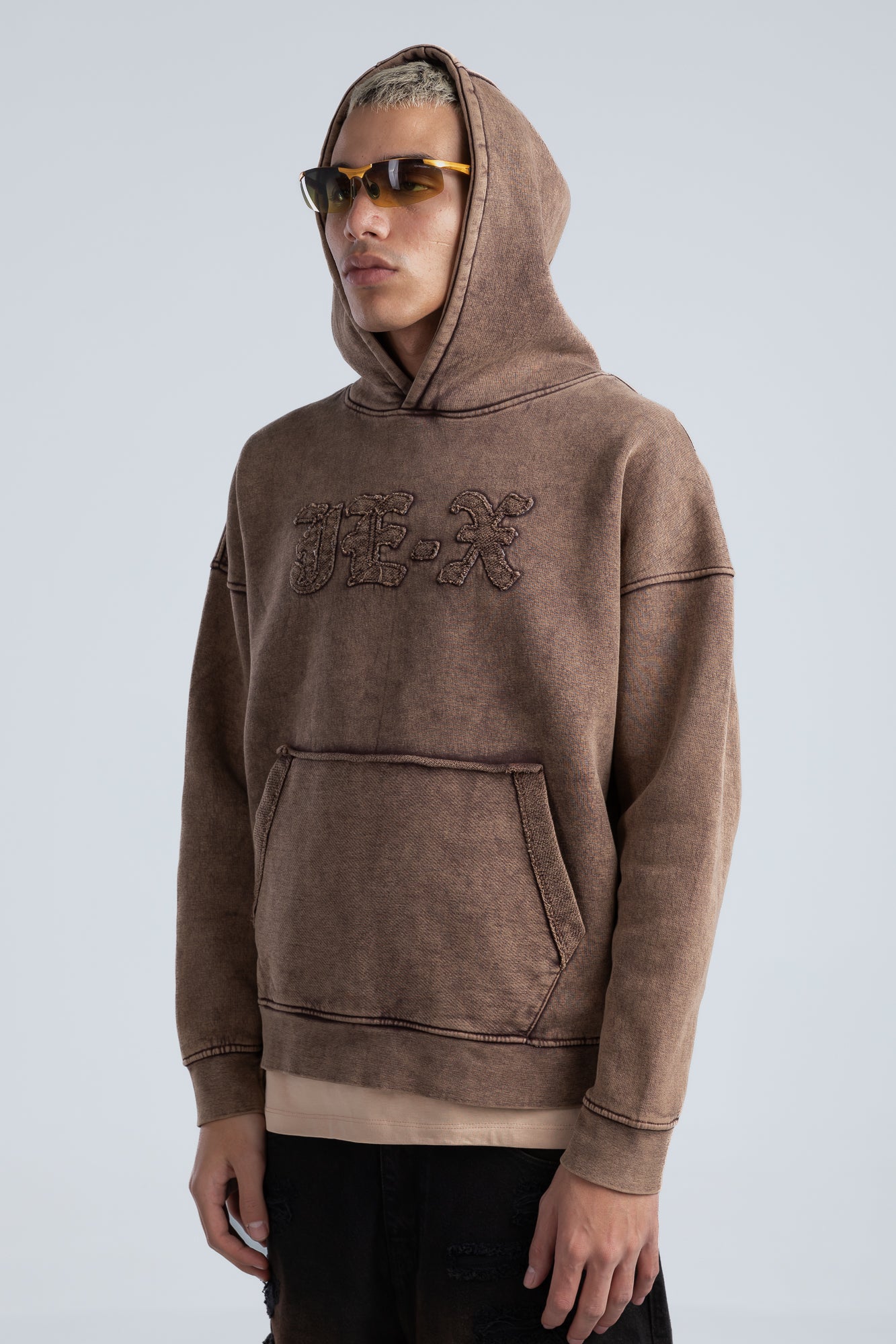 Brown Front Embroidery Oversized Hoodie