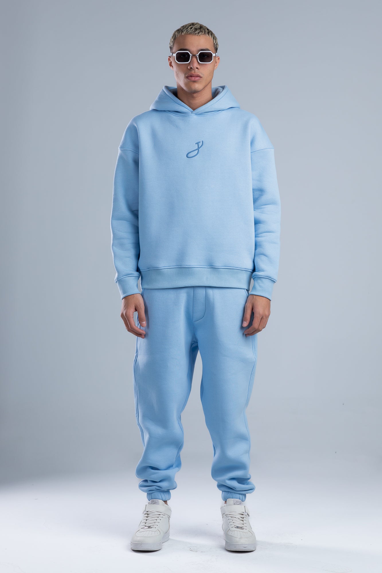 Sky Blue Front Embroidery Oversized Hoodie