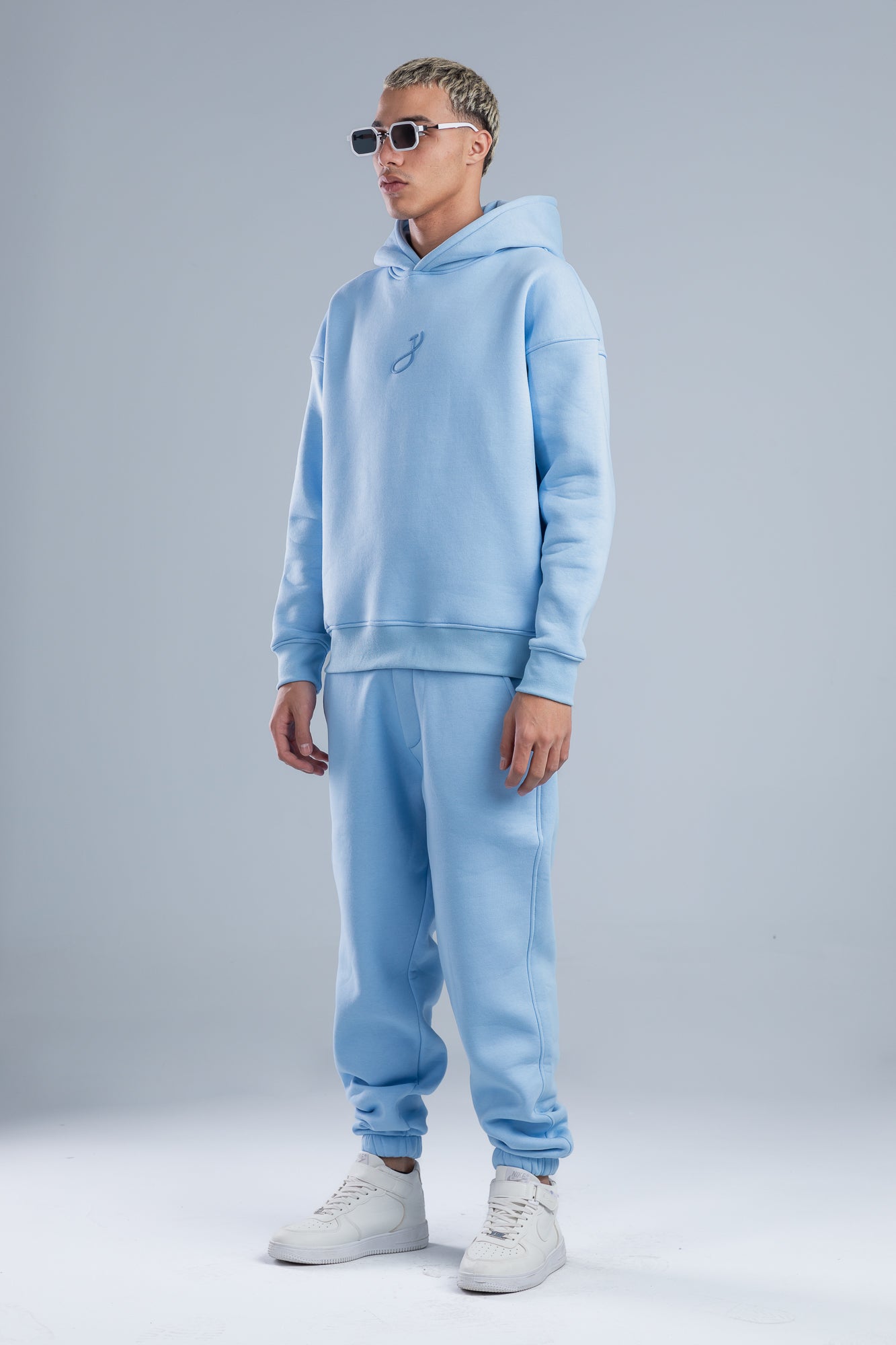 Sky Blue Front Embroidery Oversized Hoodie