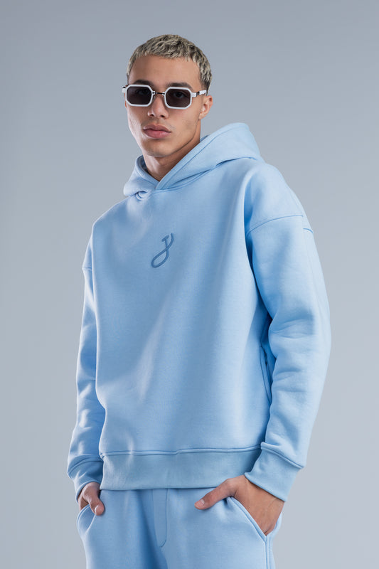 Sky Blue Front Embroidery Oversized Hoodie