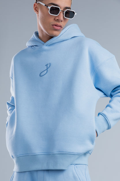 Sky Blue Front Embroidery Oversized Hoodie