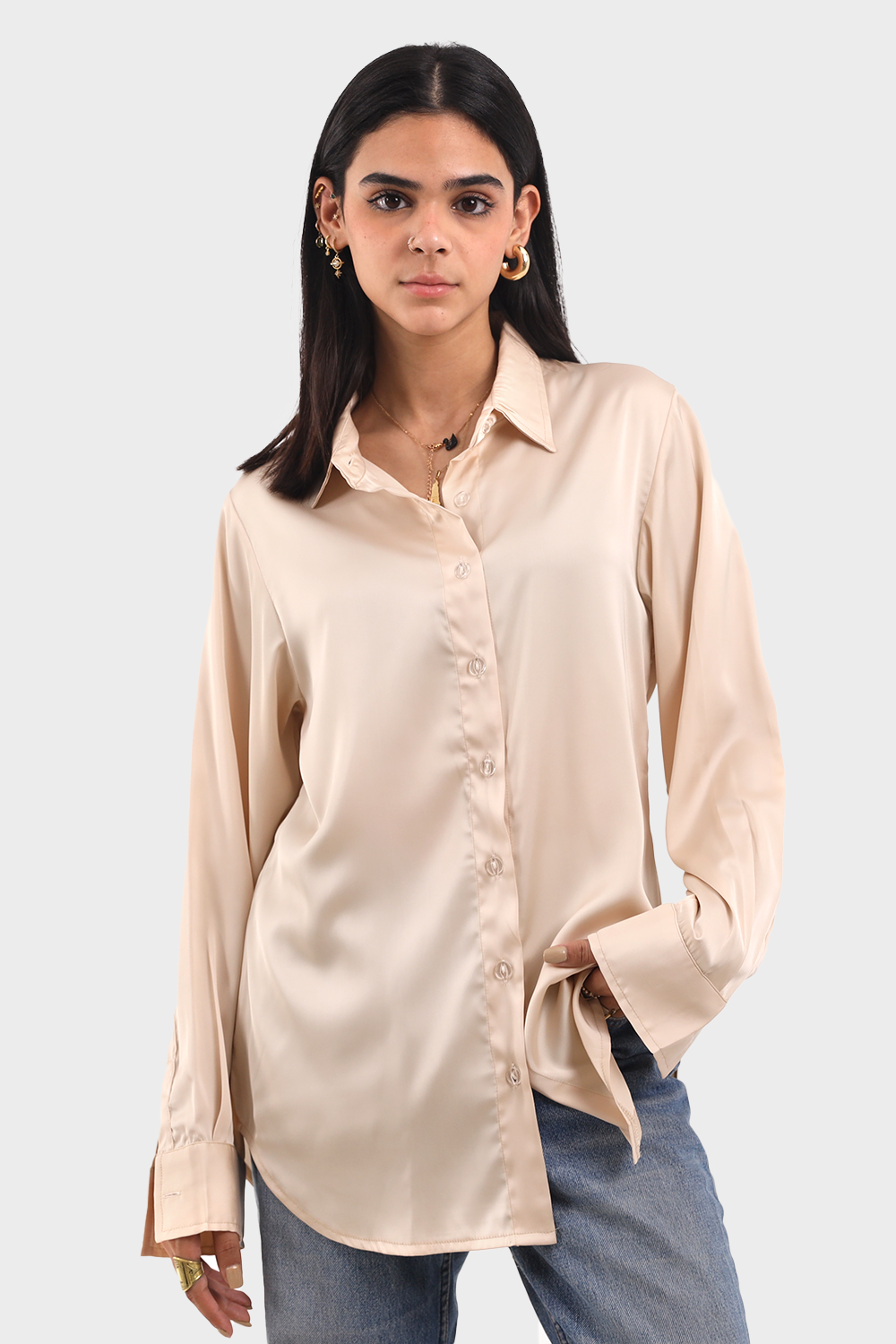 Beige Long Sleeve Satin Shirt