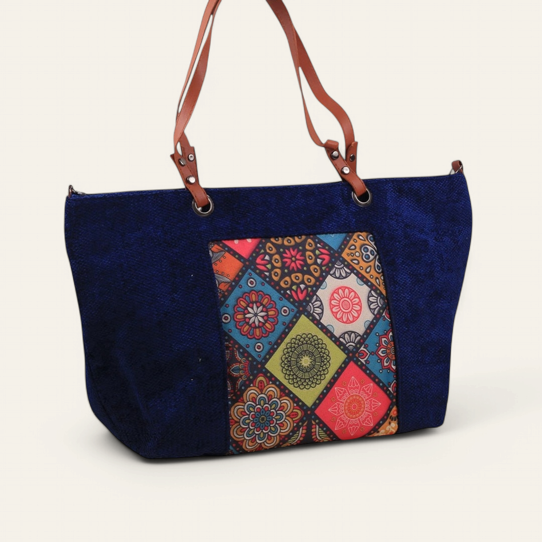 Navy Fabric Shoulder Bag with Colorful Pattern