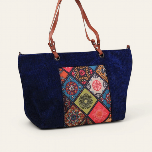 Navy Fabric Shoulder Bag with Colorful Pattern
