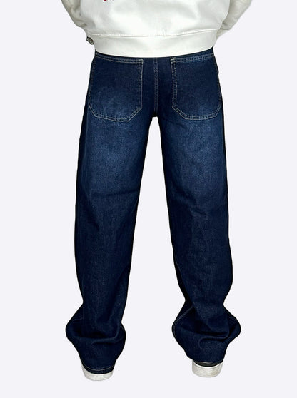 Wide Leg Cotton Jeans, Dark Blue