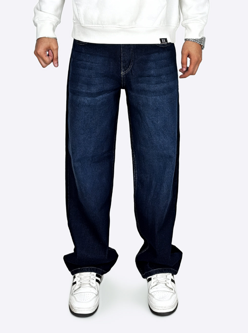 Wide Leg Cotton Jeans, Dark Blue