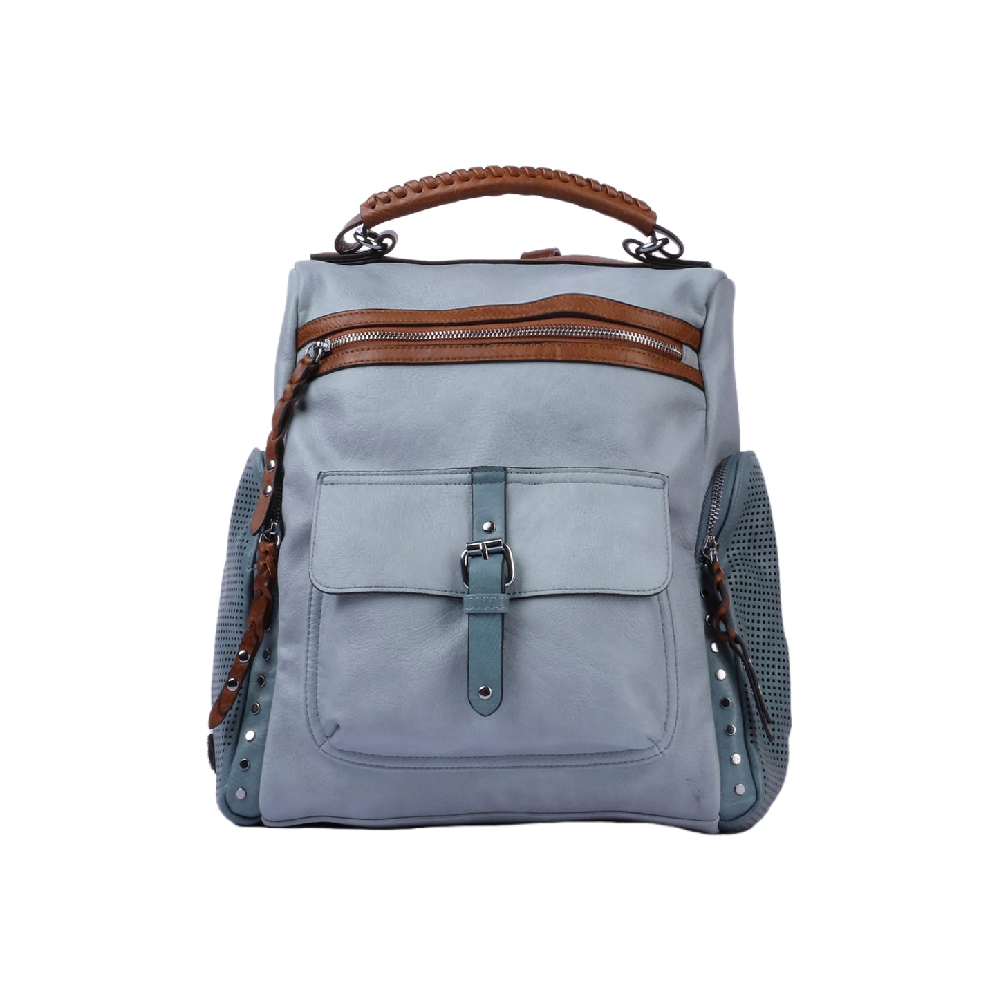 Leather Backpack with Side Zipper Pockets