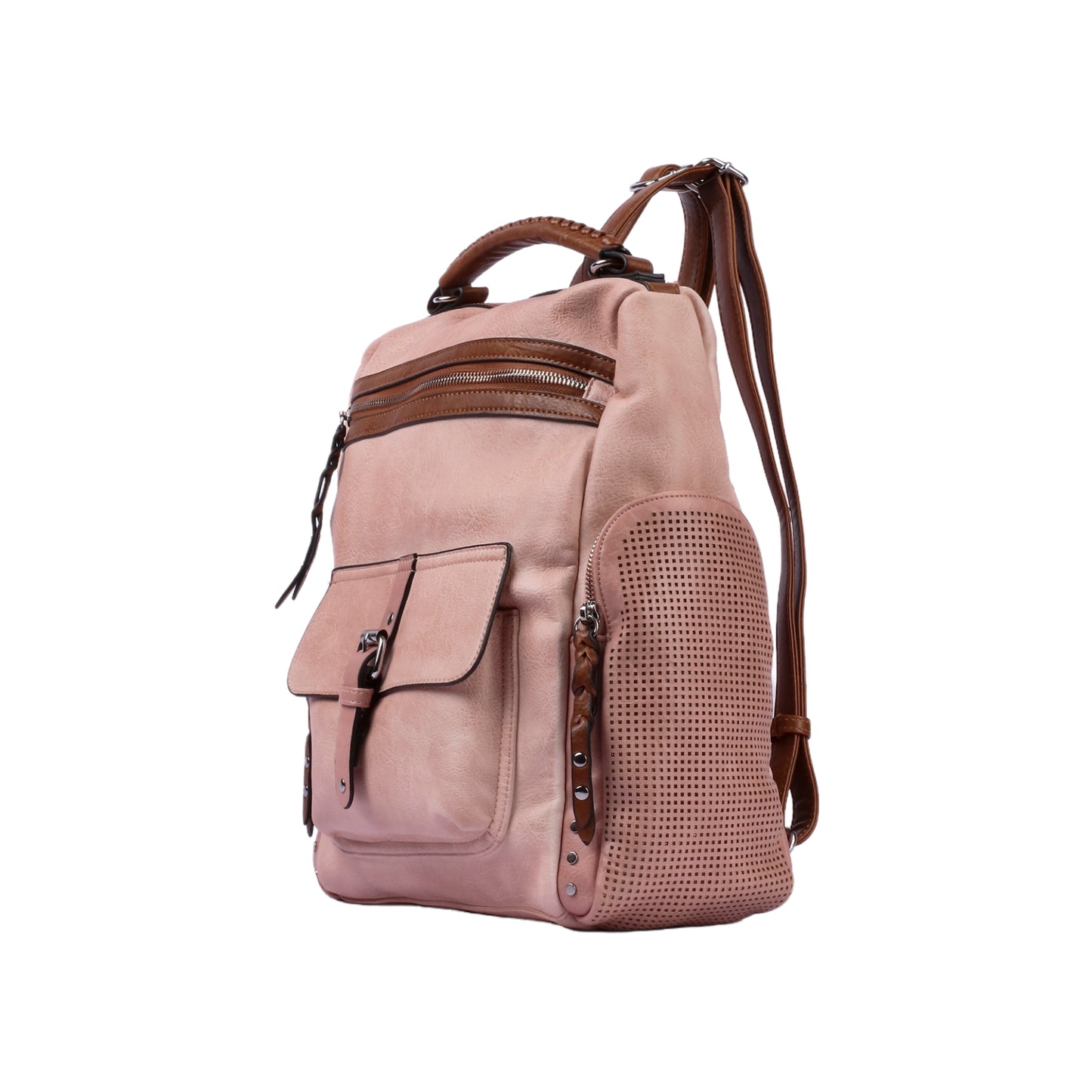 Leather Backpack with Side Zipper Pockets