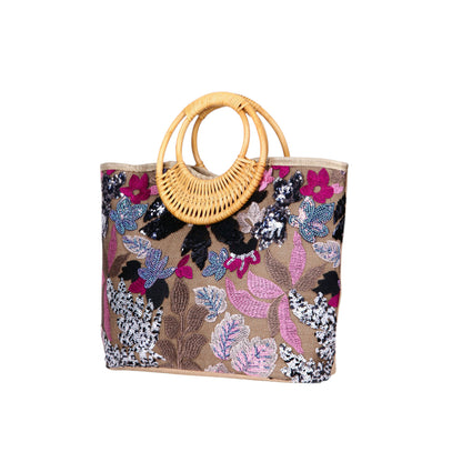 Embroidered Handbag with Wooden Handle