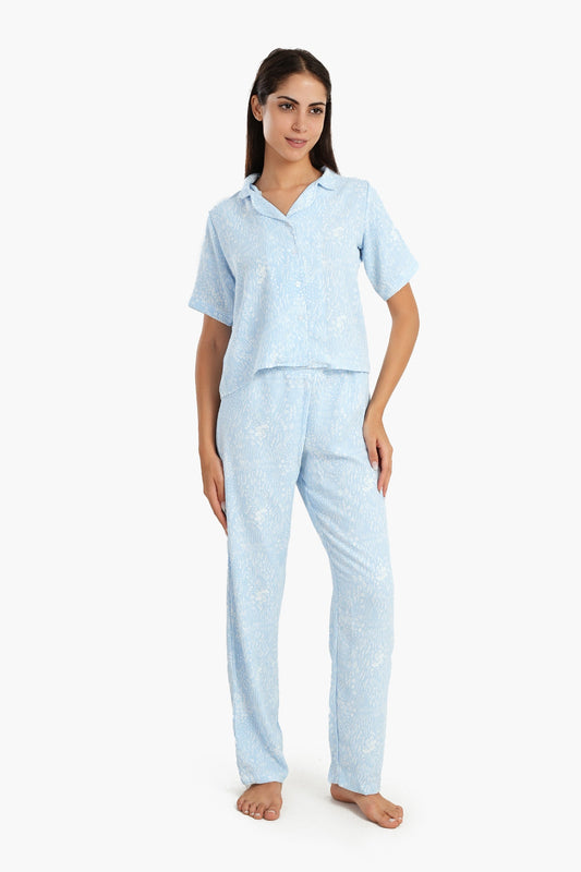 Light Blue Self Pattern Pyjama Set