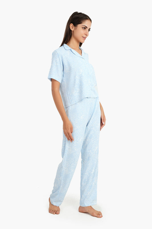 Light Blue Self Pattern Pyjama Set