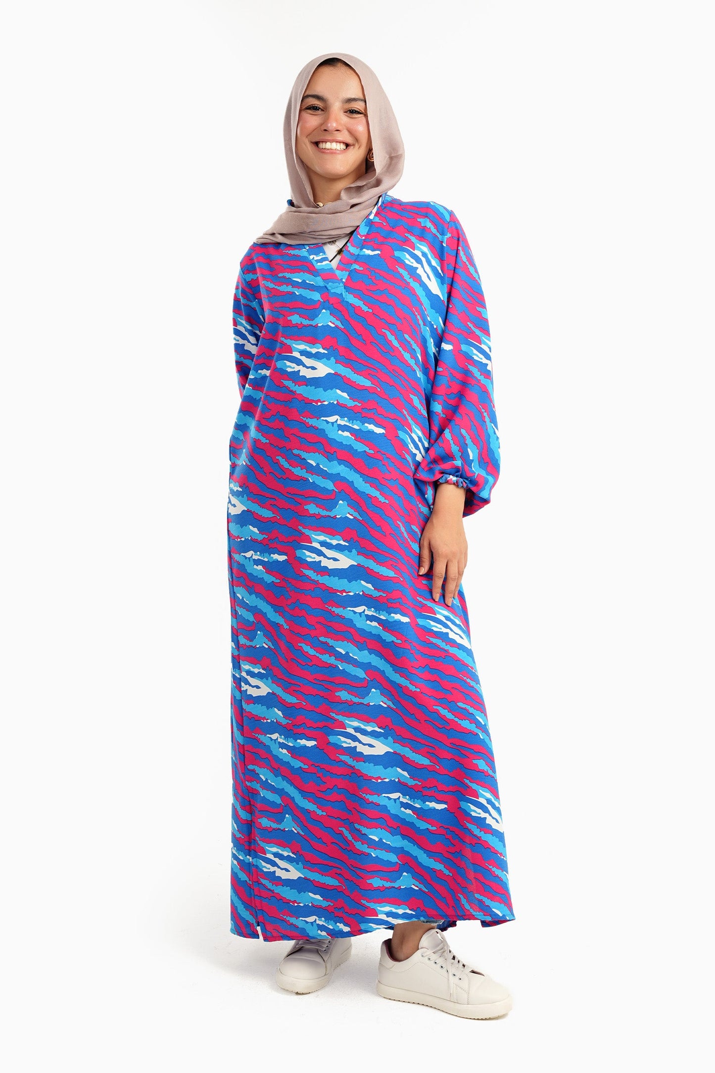 Full Printed Dress in Long Puffy Sleeves